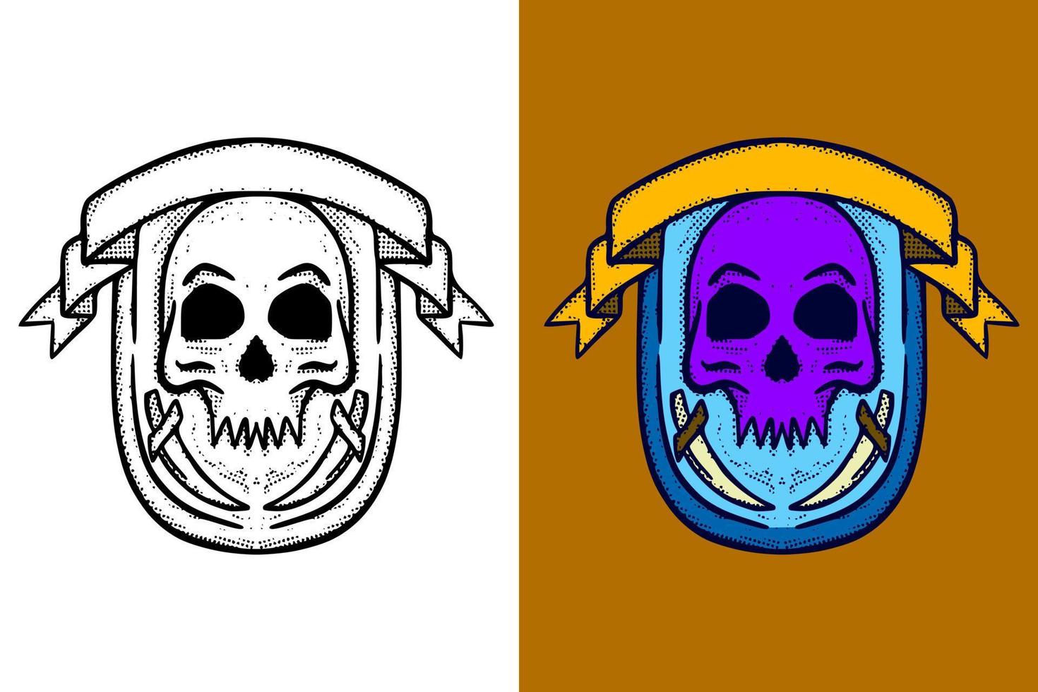 Skull emblem Illustration hand drawn cartoon vintage style vector