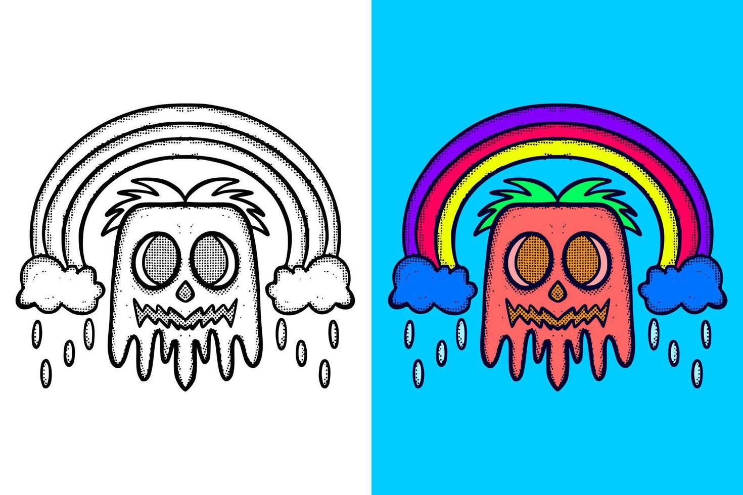 Monster cute with cloud rainbow Illustration hand drawn cartoon vintage style vector