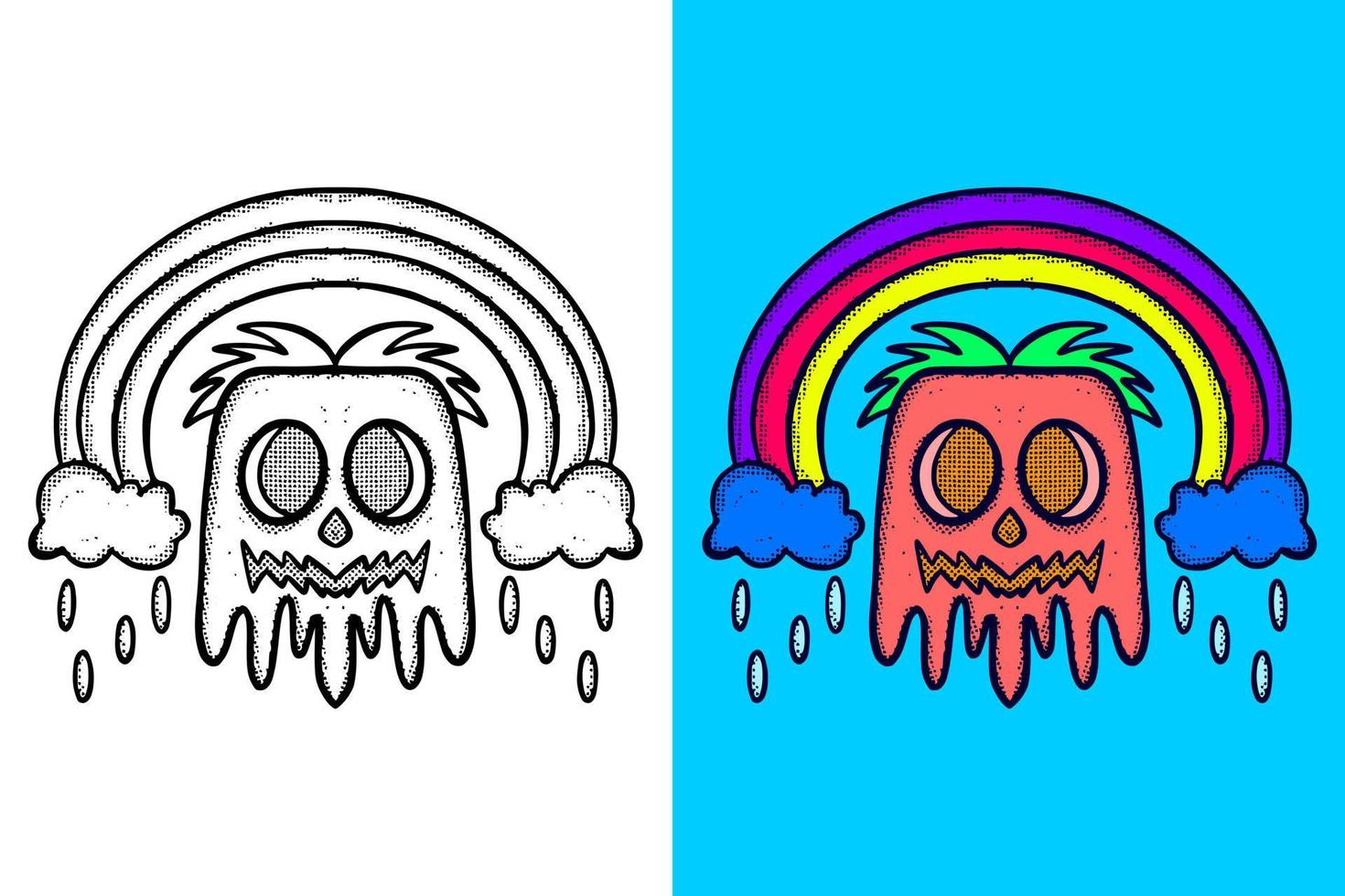 monstruo lindo con nube arco iris ilustración dibujado a mano dibujos animados estilo vintage vector