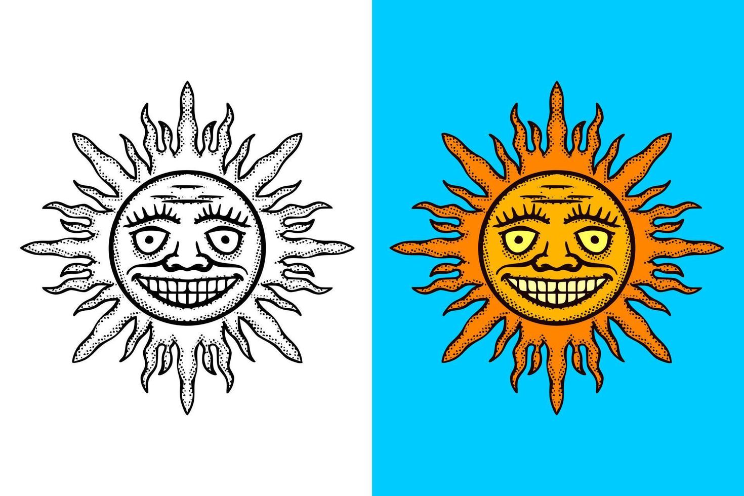 Sun face Illustration hand drawn cartoon vintage style vector