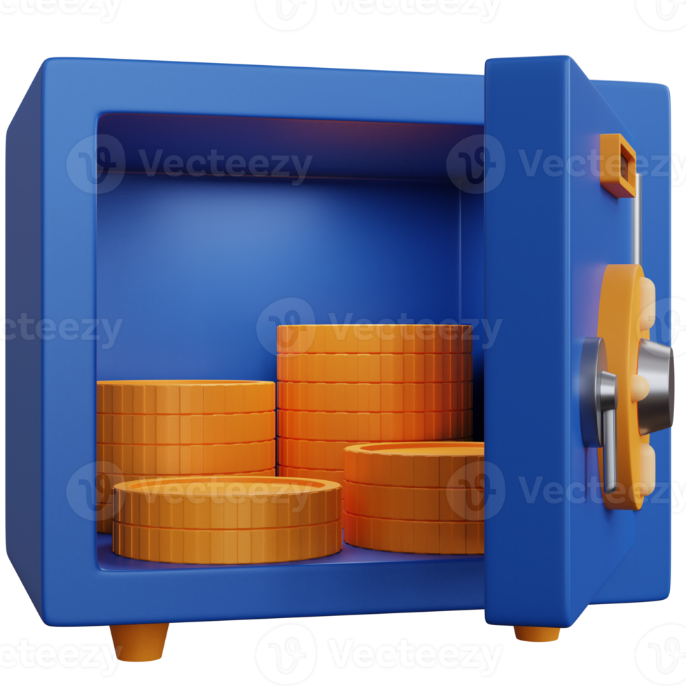 3d rendering safe box with some coins isolated png