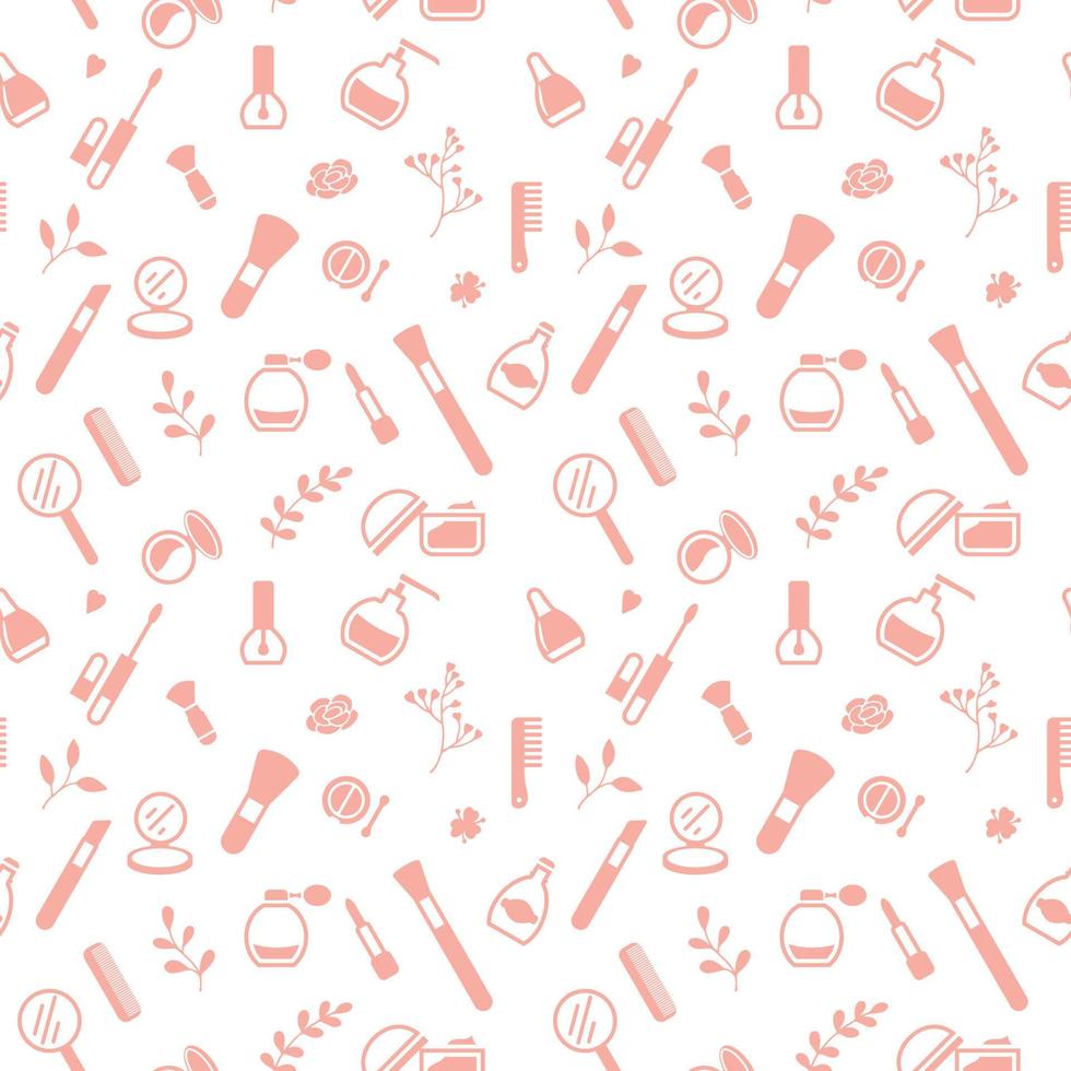Seamless texture from cosmetics icons and floral elements, pattern, abstract background, wallpaper vector