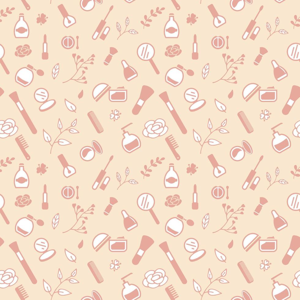 Seamless pattern from cosmetics icons and floral elements, abstract background, wallpaper vector