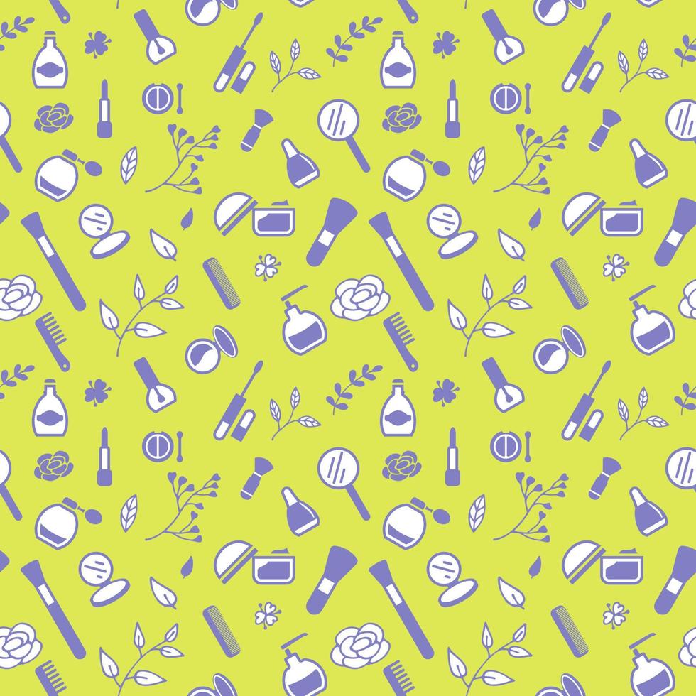 Seamless pattern from cosmetics icons and floral elements, abstract background, wallpaper vector