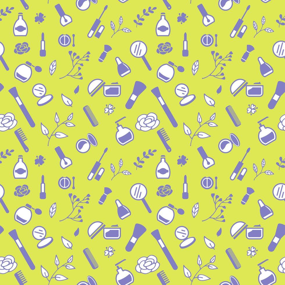 Seamless pattern from cosmetics icons and floral elements, abstract background, wallpaper vector