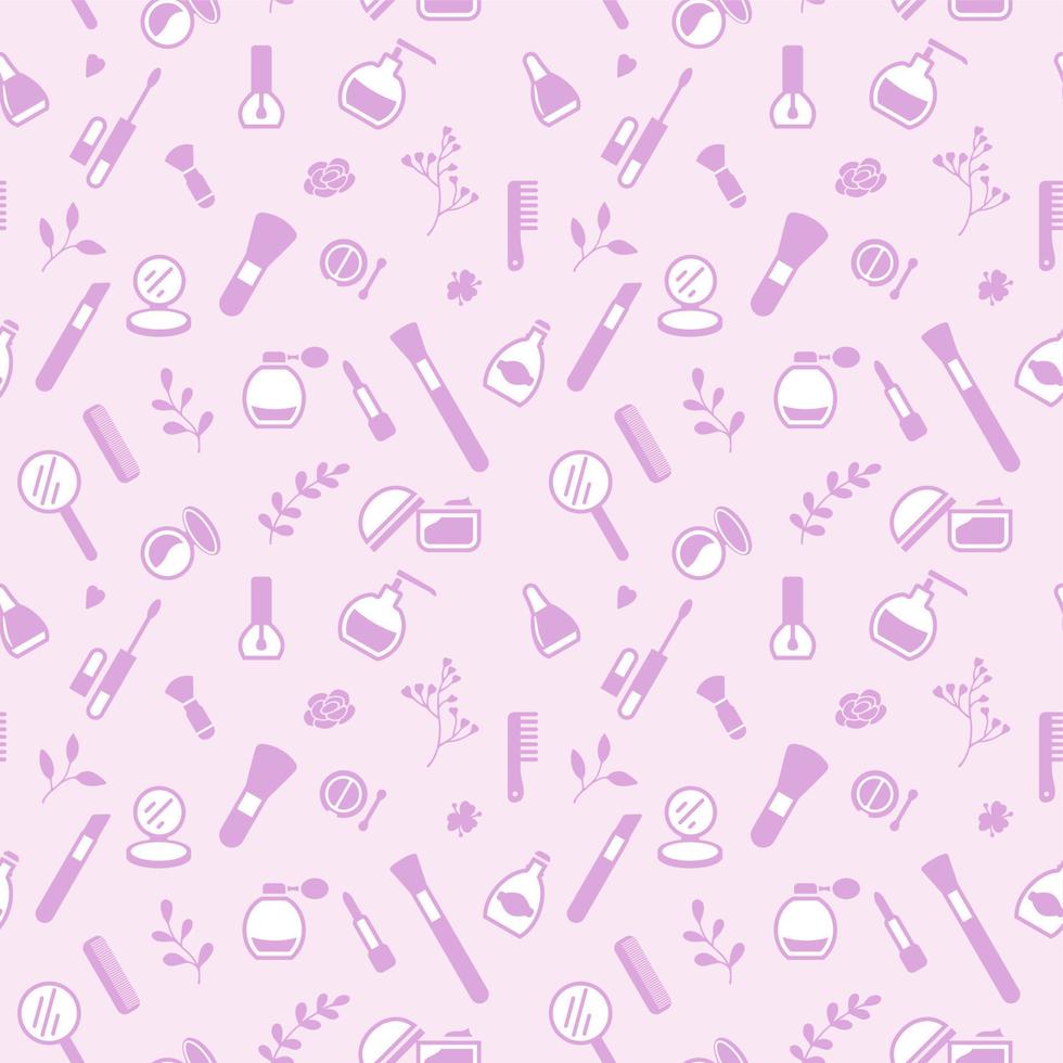Seamless pattern from cosmetics icons and floral elements, abstract background, wallpaper vector
