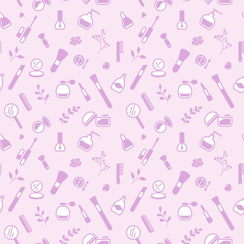 Seamless pattern from cosmetics icons and floral elements, abstract background, wallpaper vector