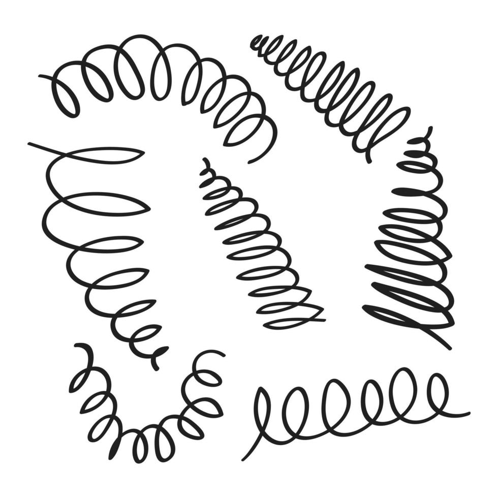 hand drawn spiral spring. Flexible coils, wire springs and metal coil spirals in doodle style vector