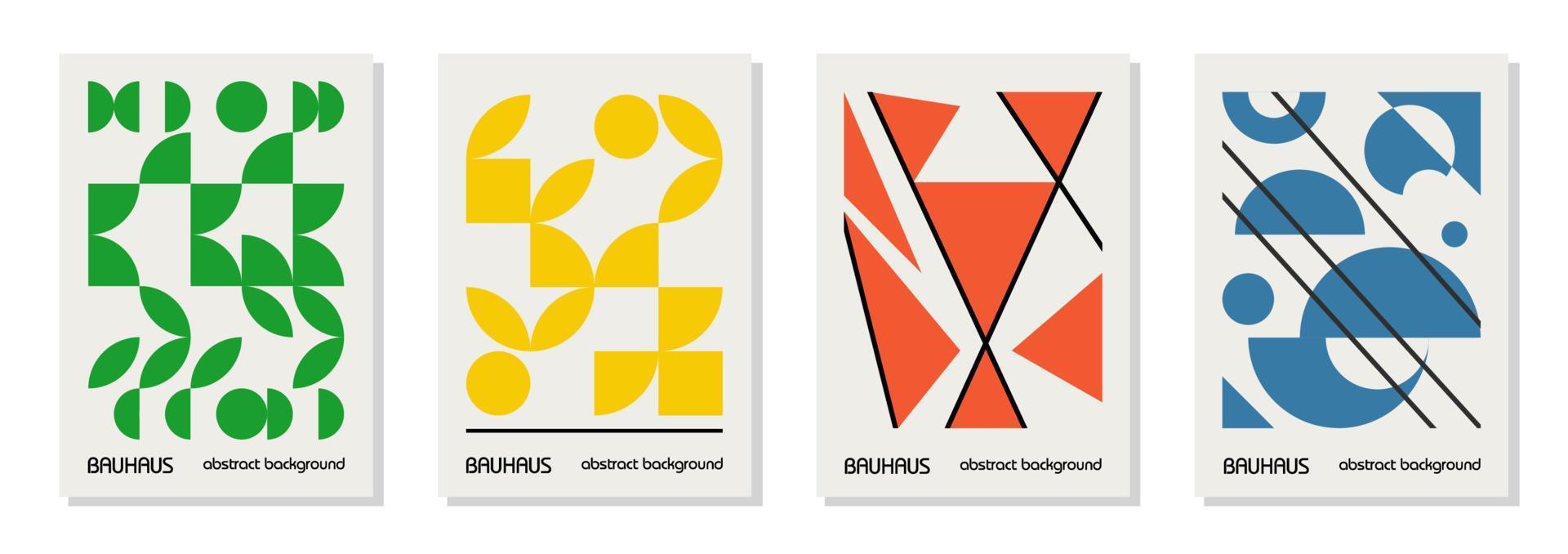 Set of 4 minimal vintage 20s geometric design posters, wall art, template, layout with primitive shapes elements. Bauhaus retro pattern background, vector abstract circle, triangle and square line art