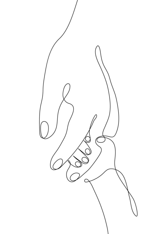 Single line drawn hand gestures, minimalistic parent hand and baby, children hand holding finger. Love, motherhood, paternity, childhood care sign. Dynamic continuous one line graphic vector