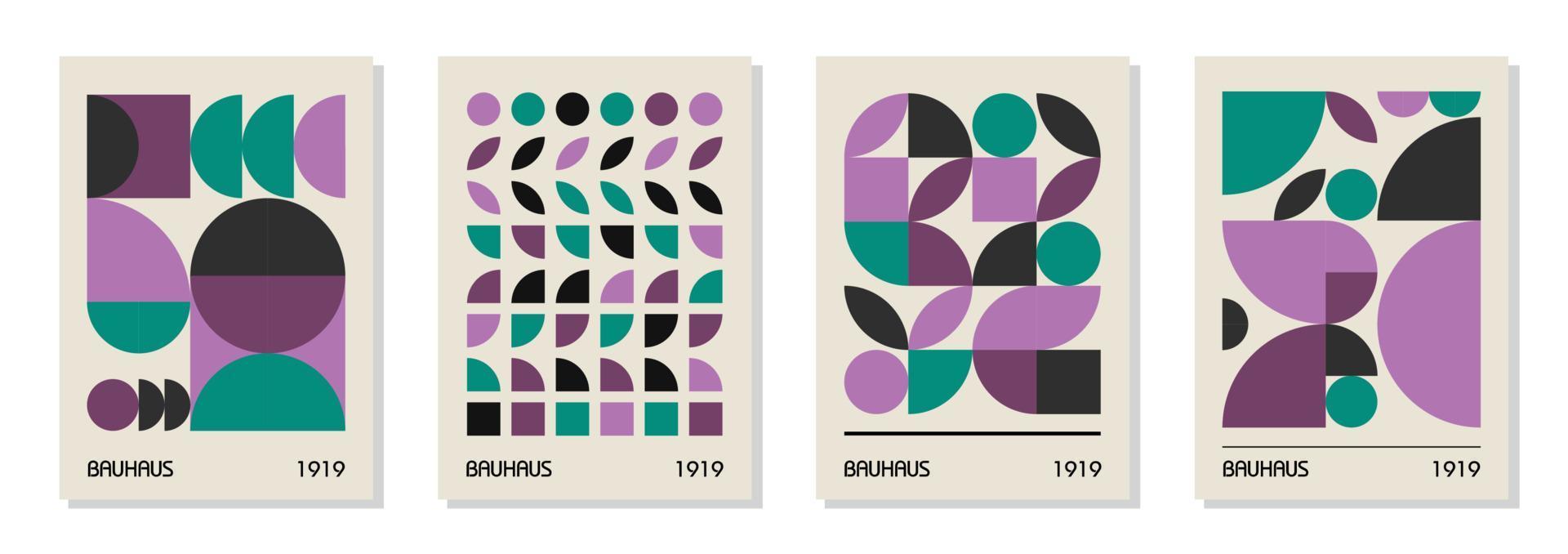 Set of 4 minimal vintage 20s geometric design posters, wall art, template, layout with primitive shapes elements. Bauhaus retro pattern background, vector abstract circle, triangle and square line art