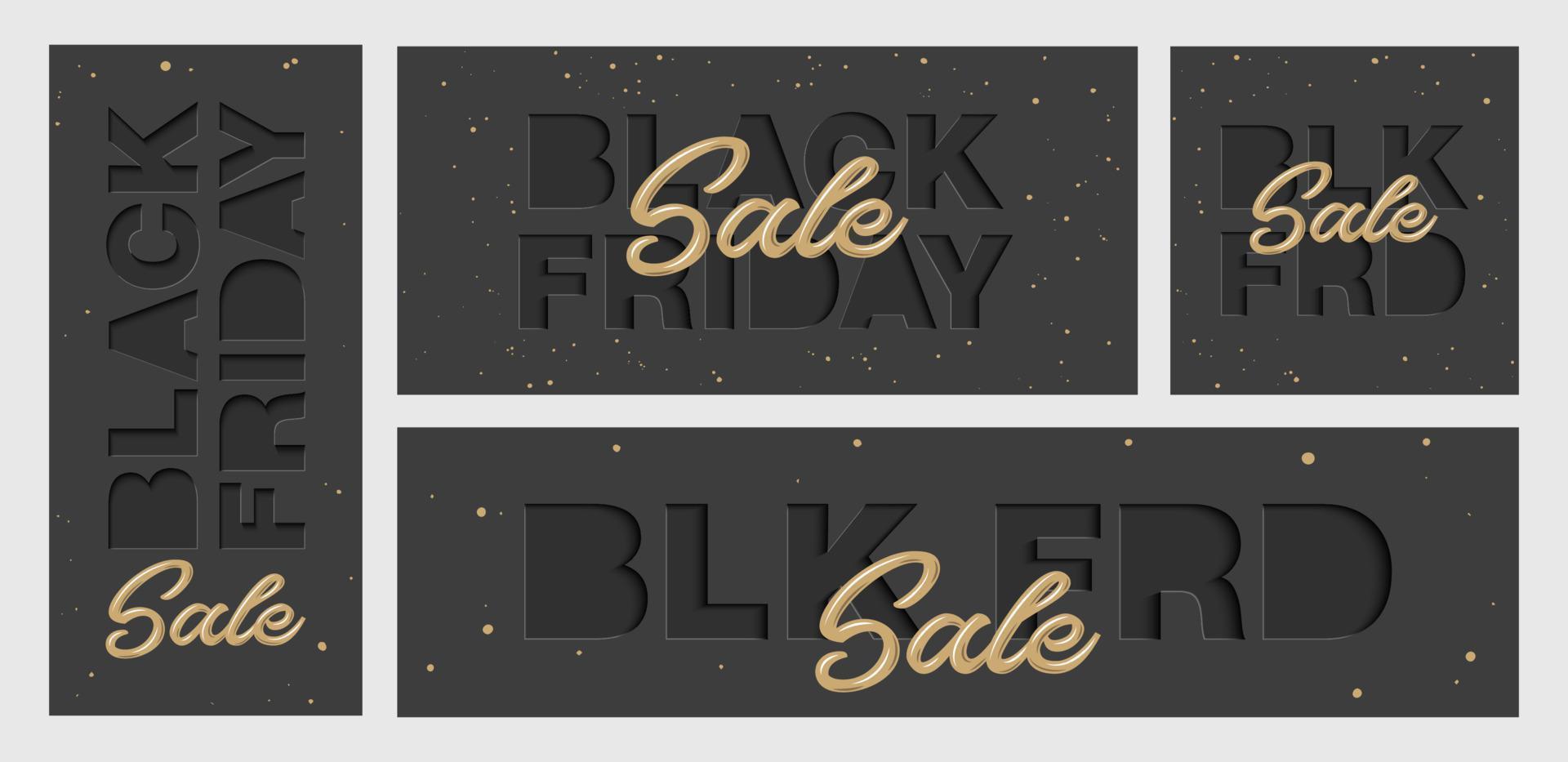 Vector set of paper cut with words for poster, advertising, banner, site decoration, offer, promo, flyer, brochure, social media posts. Craft style on black background. Black friday sale.