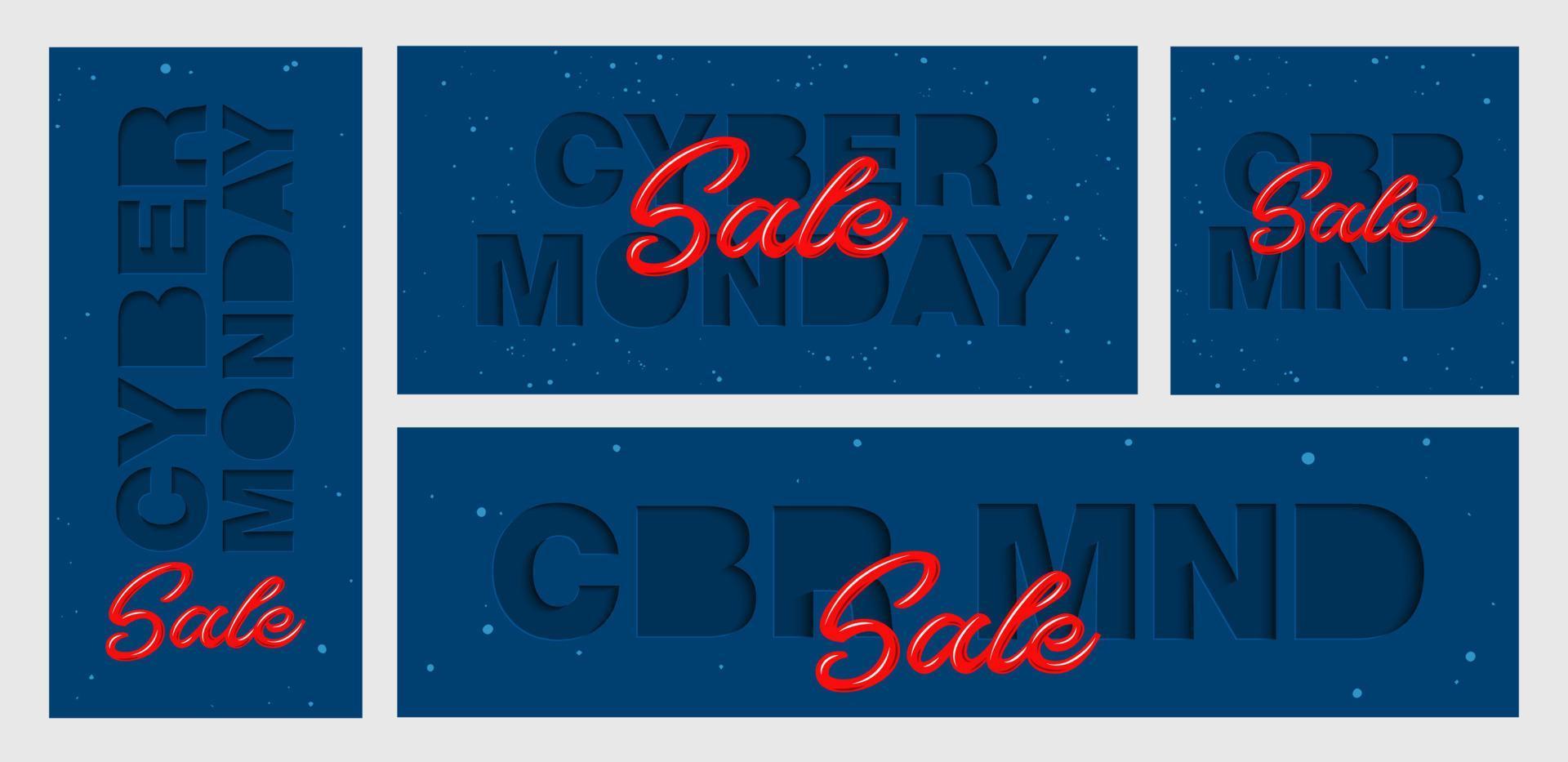 Vector set of paper cut with words for poster, advertising, banner, site decoration, offer, promo, flyer, brochure, social media posts. Craft style on black background. Cyber monday sale.