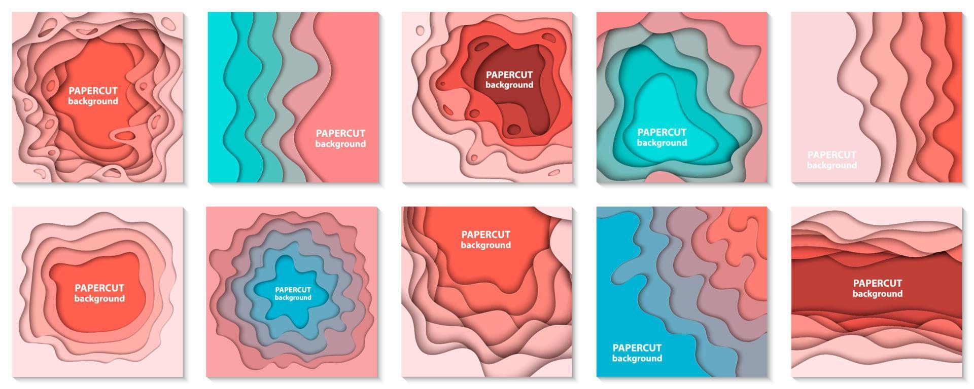 Vector collection of 10 backgrounds with colorful pastel paper cut shapes. 3D abstract paper art style, design layout for business presentations, flyers, posters, prints, decoration, cards, brochure