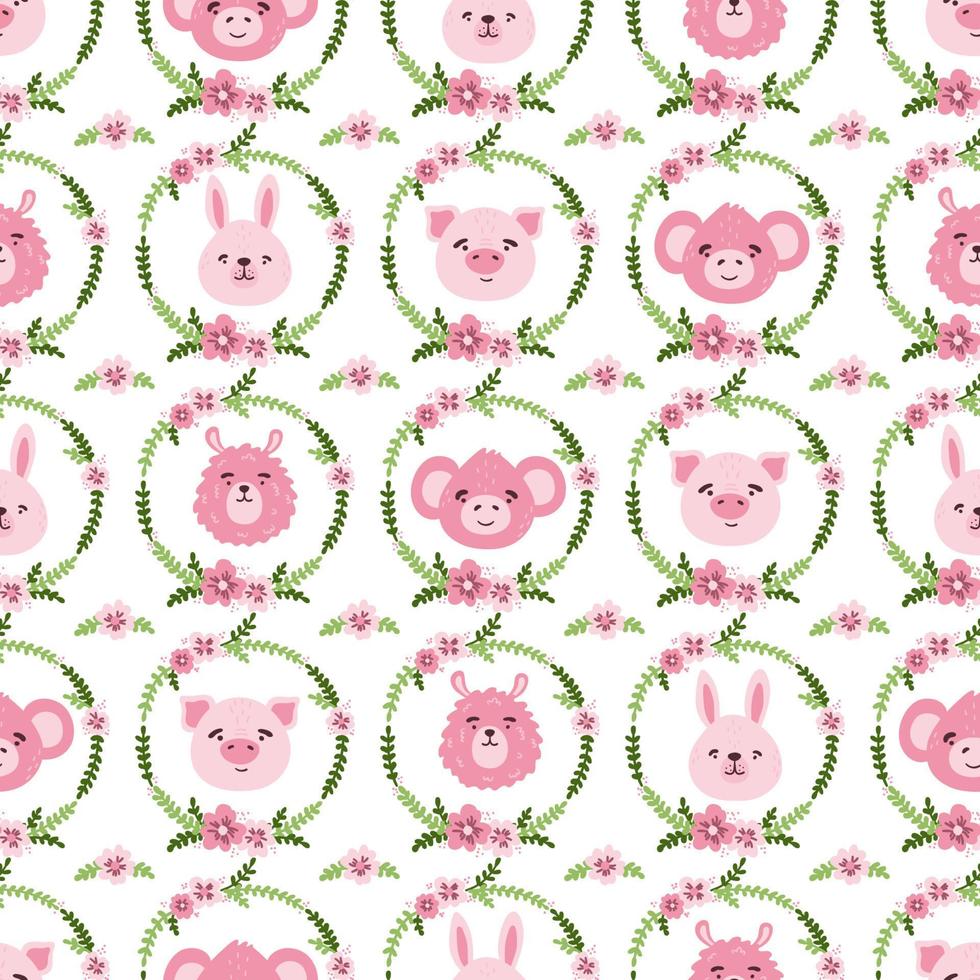 lindo cerdo rosa kawaii, mono, liebre, cabeza de cara de lama y corona de flores vector patrón sin costuras. textura de caricatura plana de animales de granja para vivero, tarjeta, afiche, tela, textil.