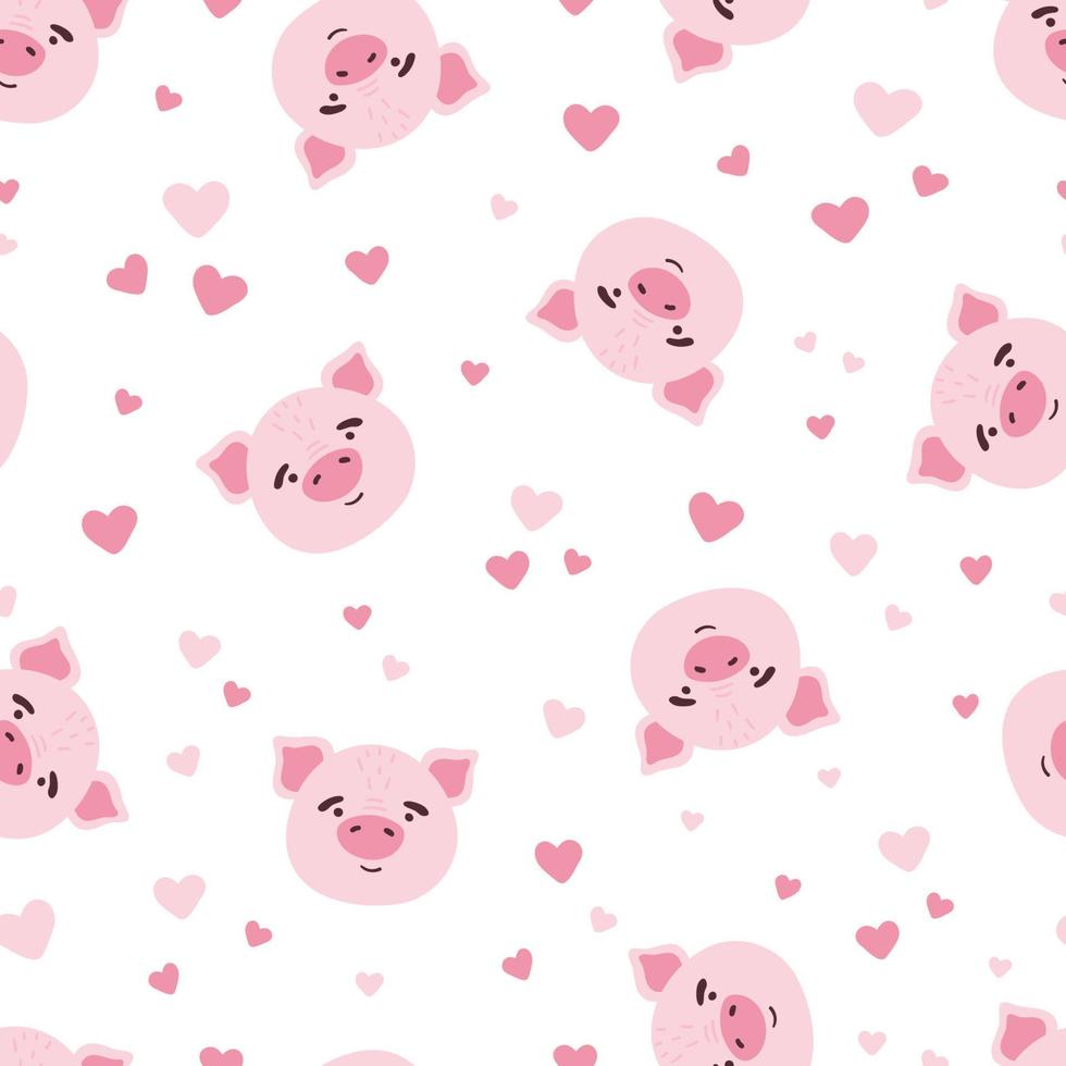 Cute kawaii pink pig face head and hearts vector seamless pattern. Farm animal flat cartoon texture for nursery, card, poster, fabric, textile.