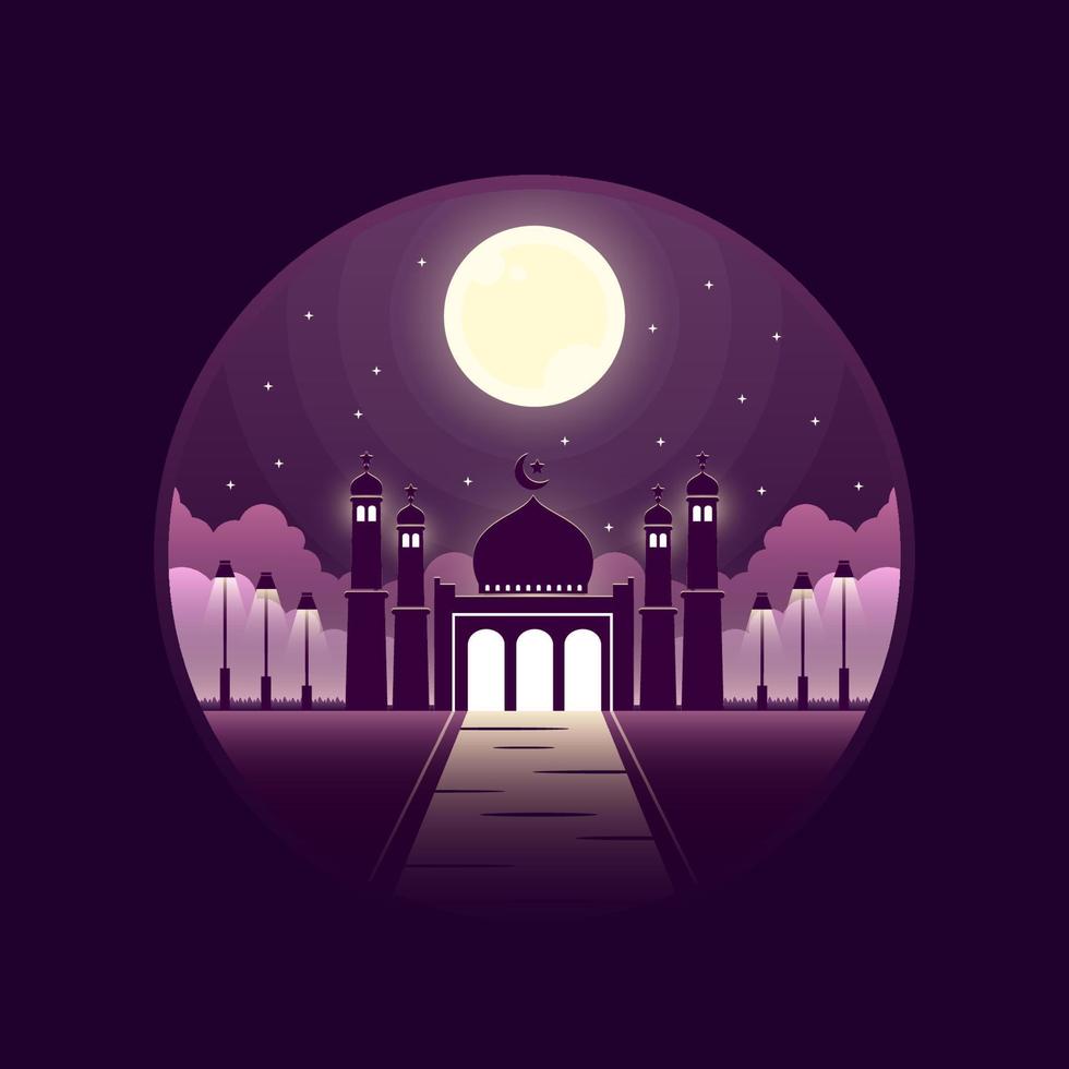 silhouette mosque with moon illustration vector