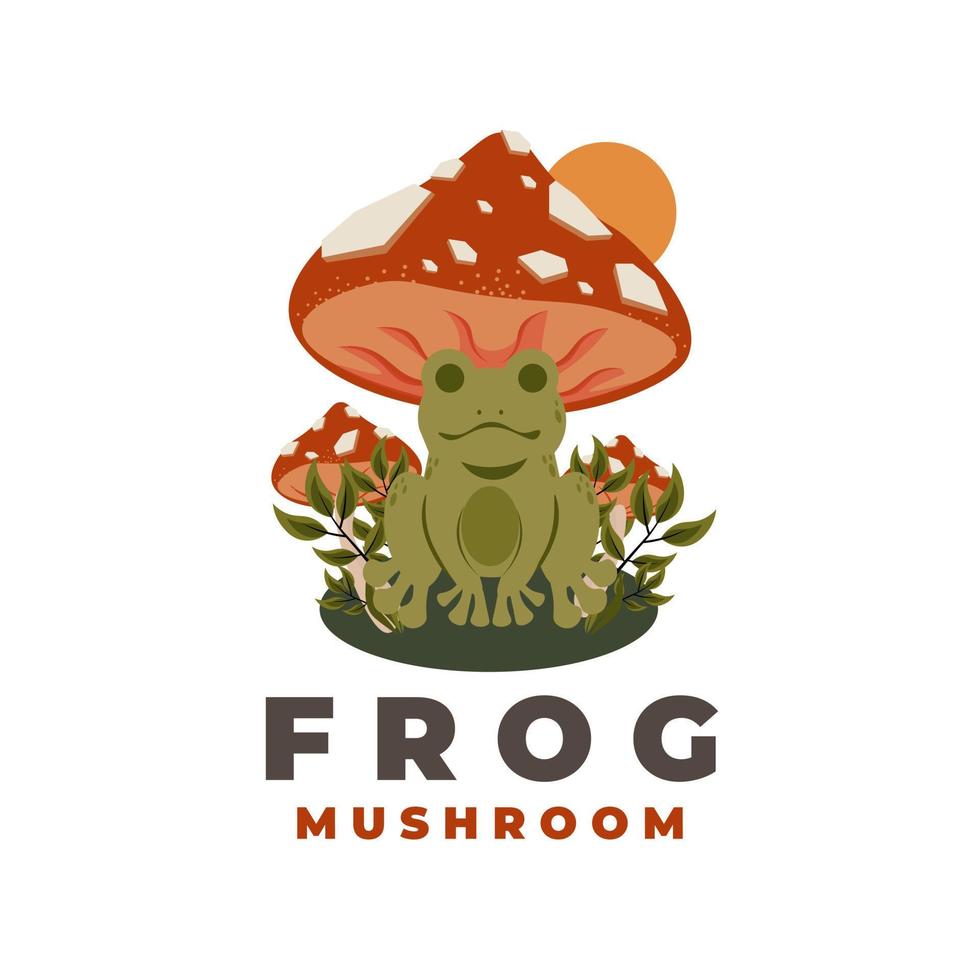 Red mushroom vector illustration logo with frog