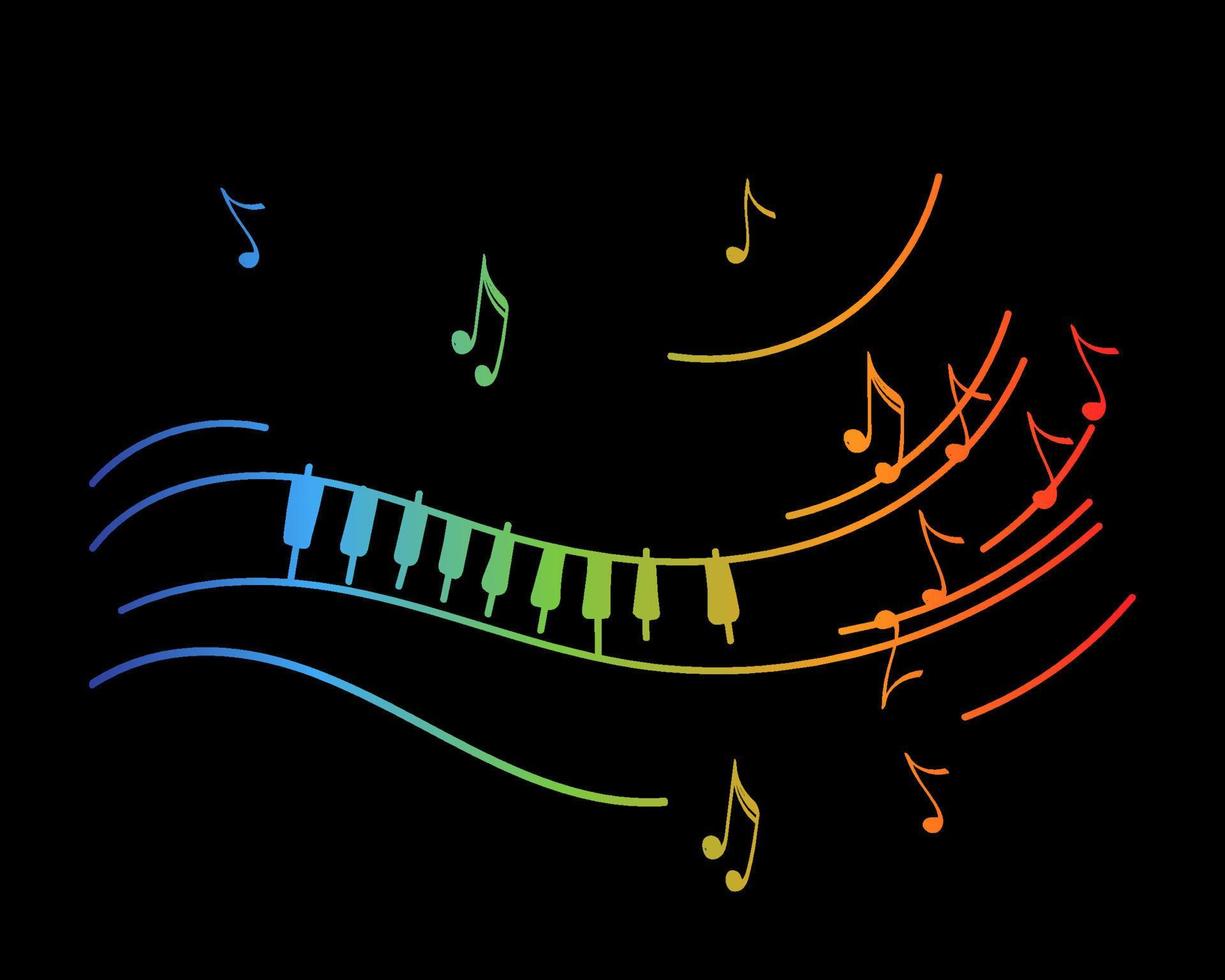 Piano melody, hand-drawn doodle. Flying notes. Music. Inspiration. Rainbow melody, song. Isolated vector illustration on white background