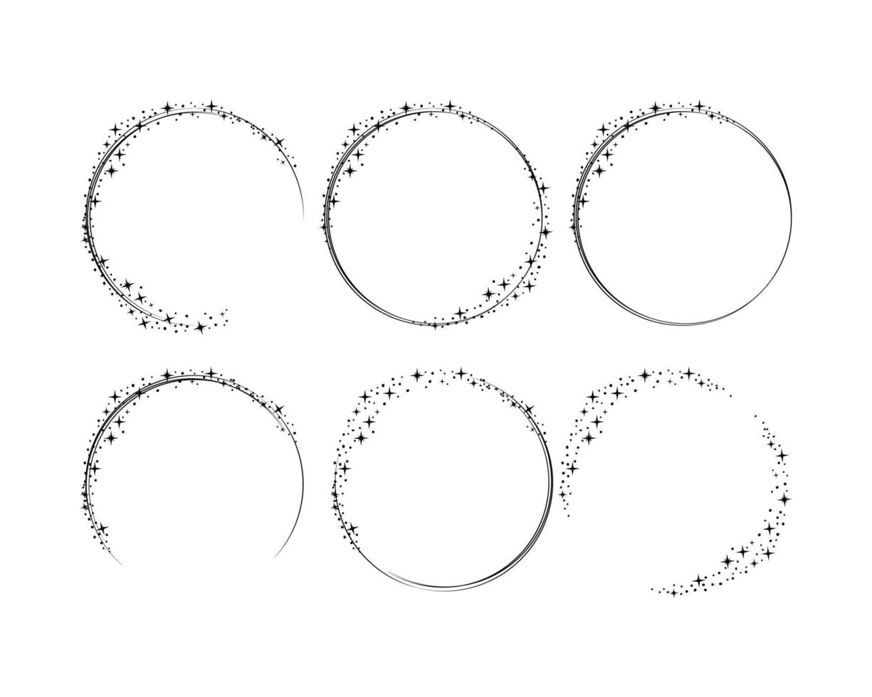 Set of round frames with stars. Wreath round star dust borders for party, birthday decor design. Space stars around thin lines. Isolated black flat vector illustration