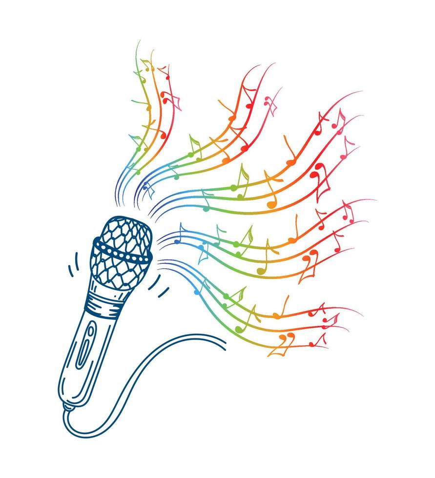 Karaoke music icon in doodle style. Music. Song. Microphone with notes vector cartoon illustration on white isolated background. Audio equipment concept with bright rainbow melody effect