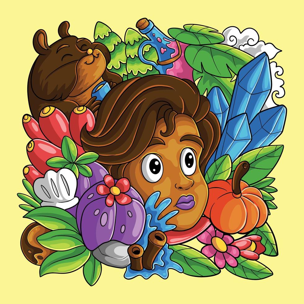Cartoon woman with rabbit and vegetables at nature vector