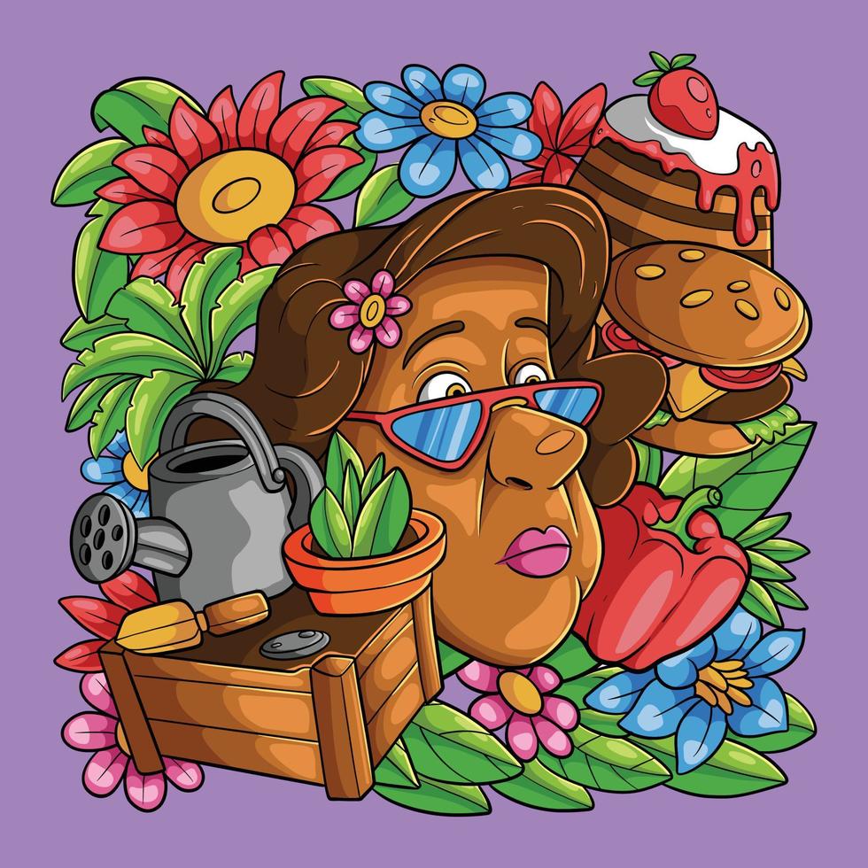 abuela de dibujos animados con pasteles en las flores de la naturaleza vector