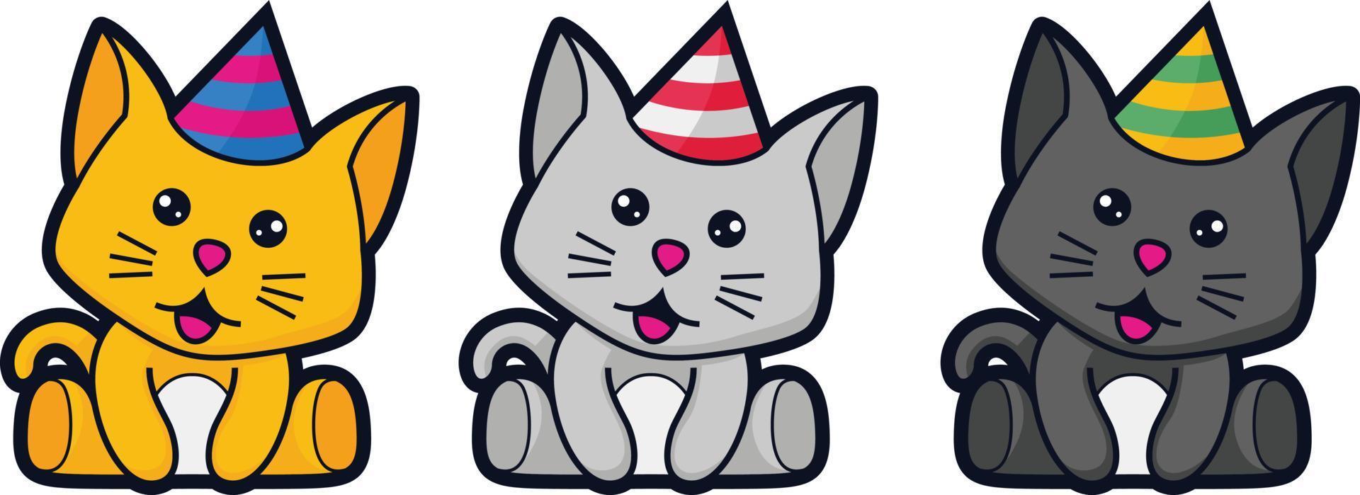 Vector illustration of a cute cat. Collection of cat characters wearing cartoon style birthday hats.