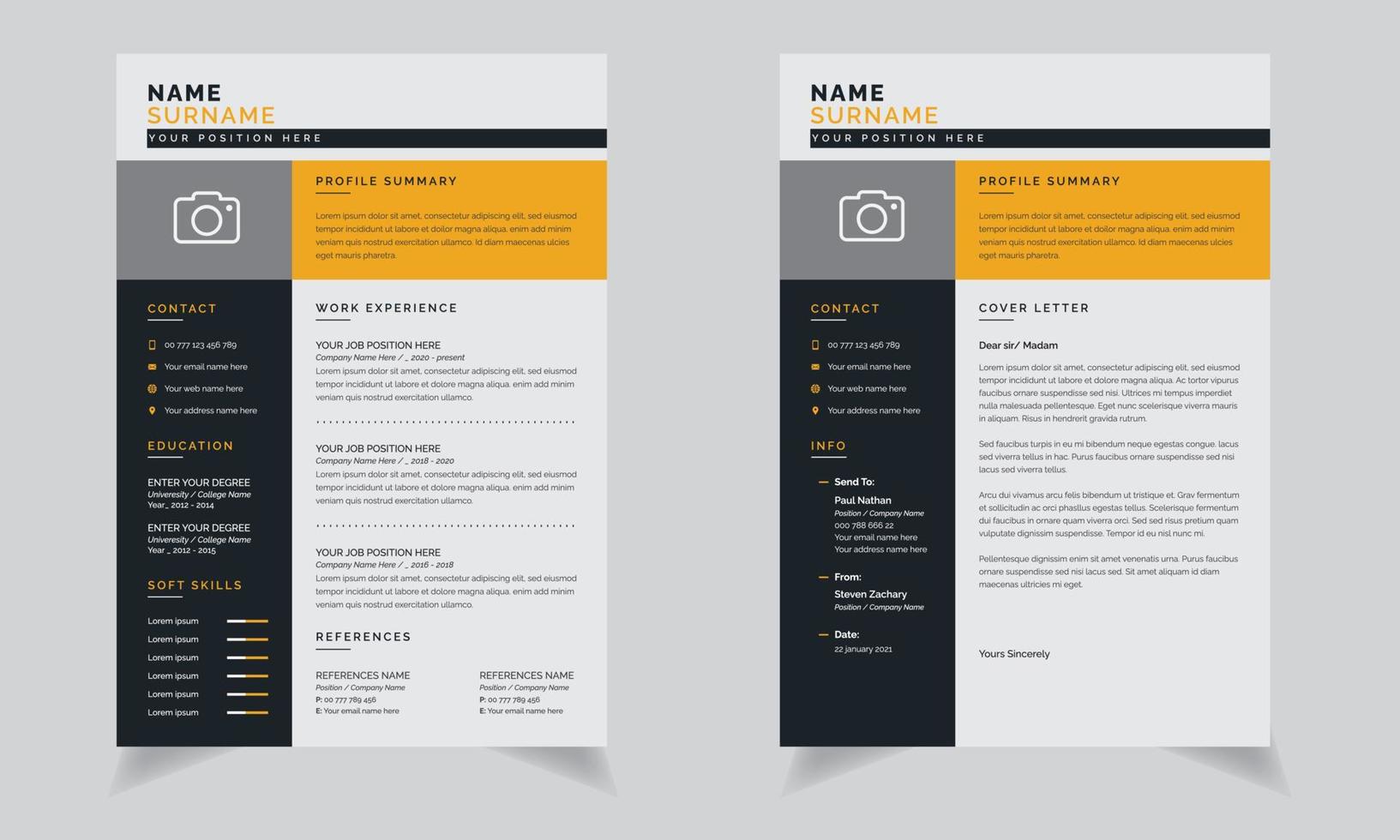 currículum profesional y carta de presentación currículums de trabajos de diseñador negro o naranja vector
