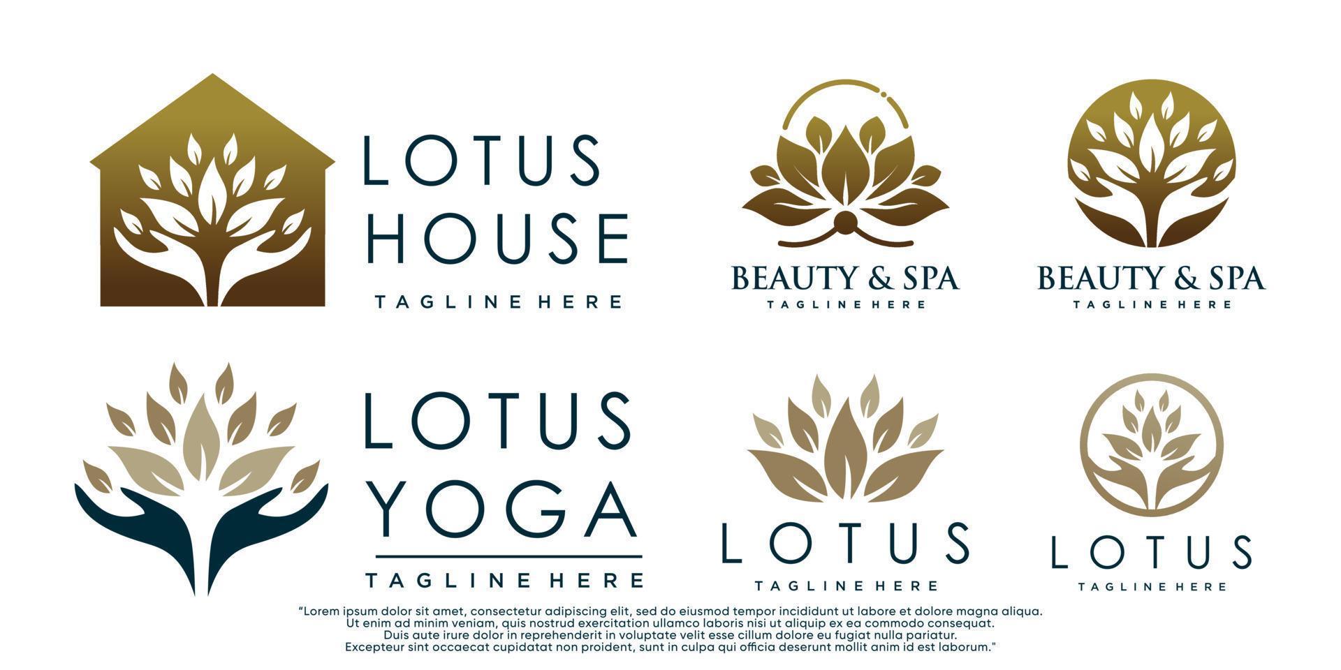 Set of lotus flower logo design with house icon and leaf element Premium Vector