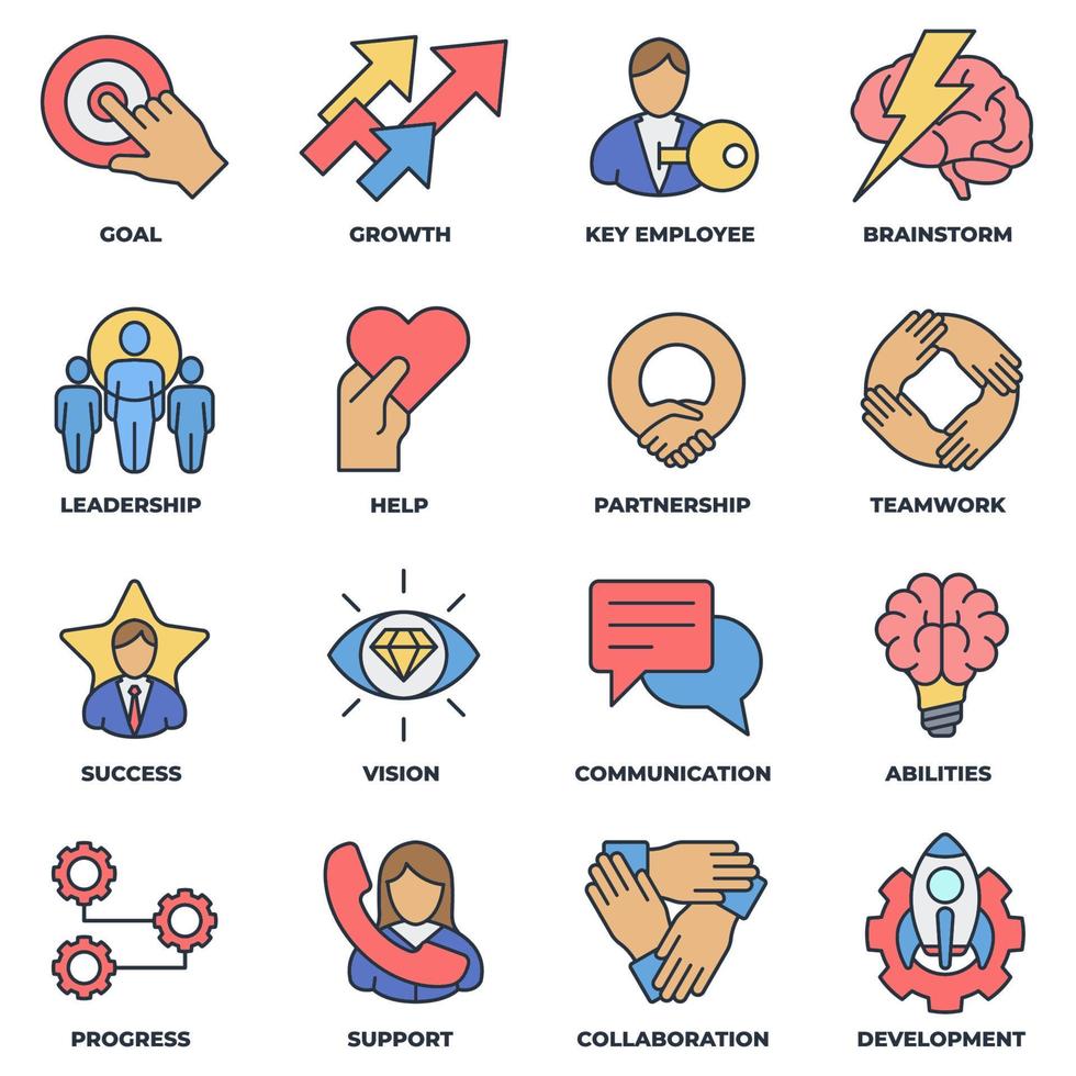 conjunto de ilustración de vector de logotipo de icono de trabajo en equipo de negocios. objetivo, colaboración, soporte, desarrollo, comunicación, asociación y más plantilla de símbolo de paquete para la colección de diseño gráfico y web