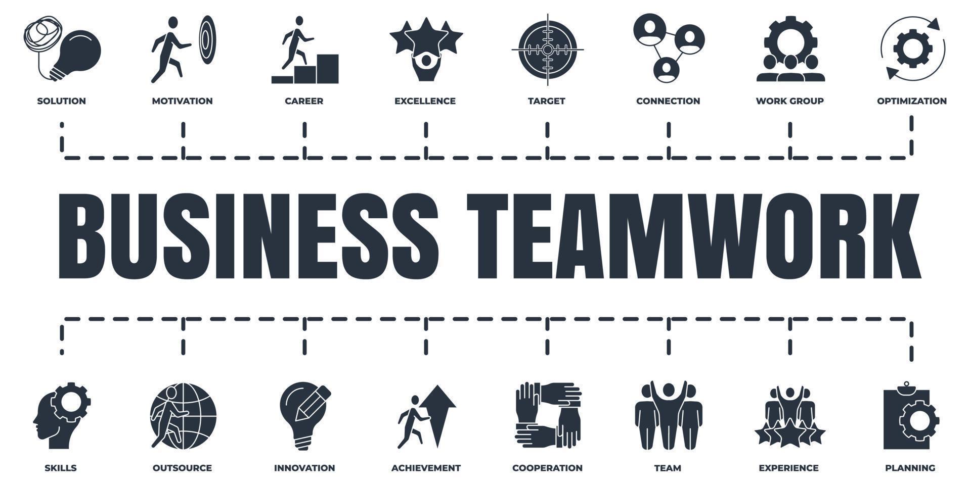 Business teamwork banner web icon set. team, planning, connection, innovation, experience, target and more vector illustration concept.