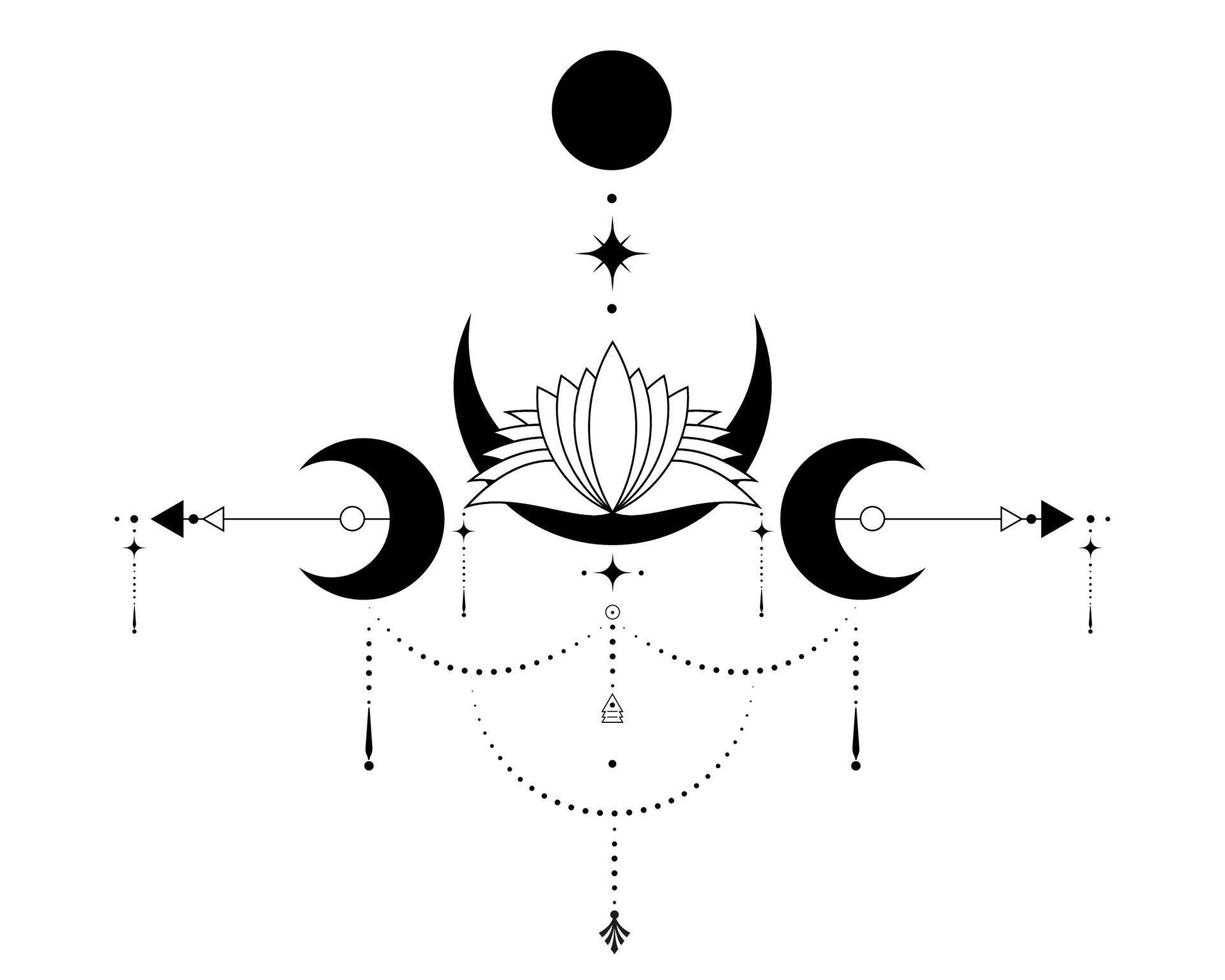 Triple Moon, Sacred Geometry, mystical arrows and crescent moon, Sacral Lotus Flower, dotted lines in boho style, wiccan icon, alchemy esoteric mystical magic sign. vector isolated on white background
