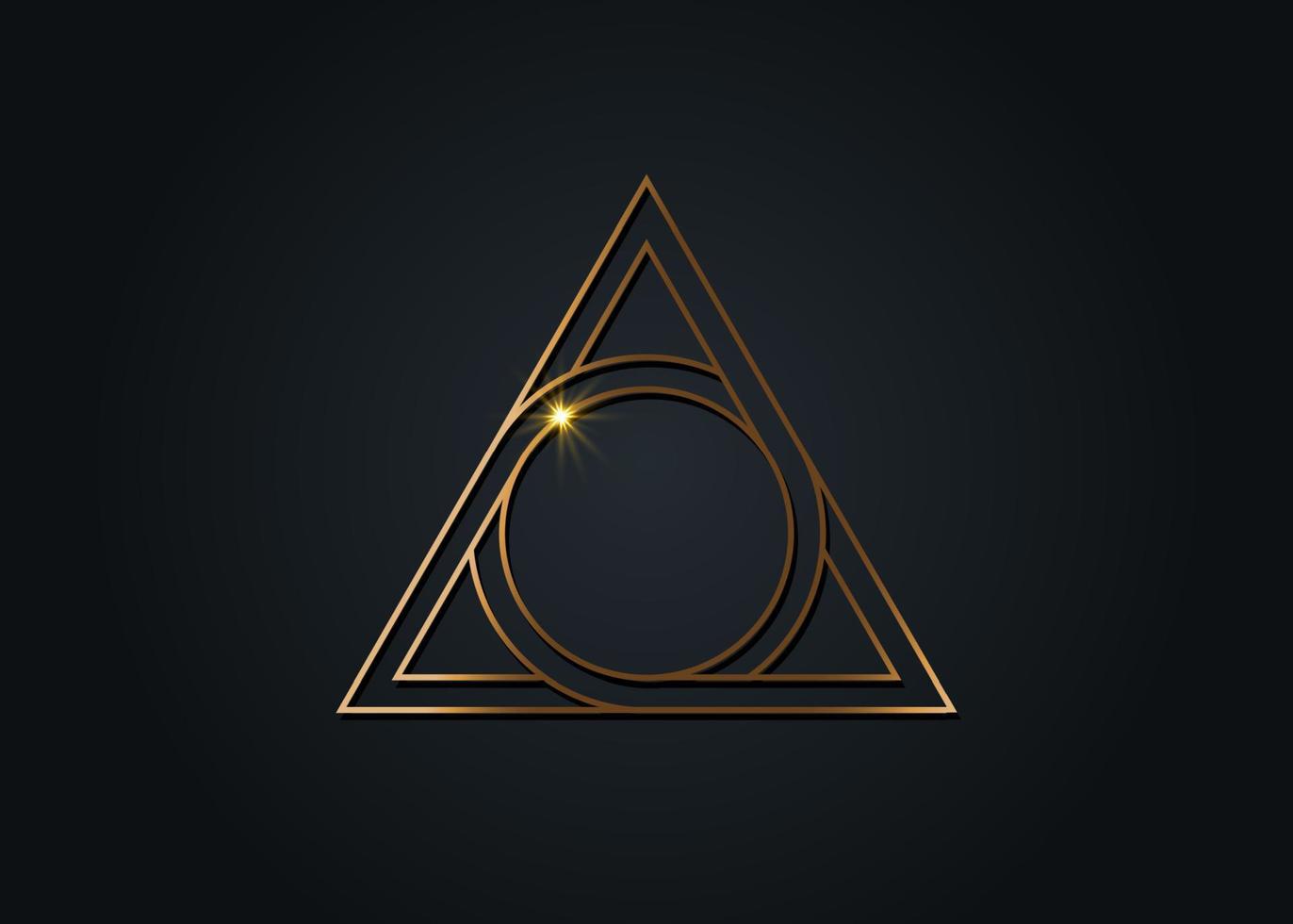 letter A and Letter O, golden logo design, sacred geometrical figure of a circle inscribed in a triangle, gold vector mythological symbol round triangle, isolated on black background