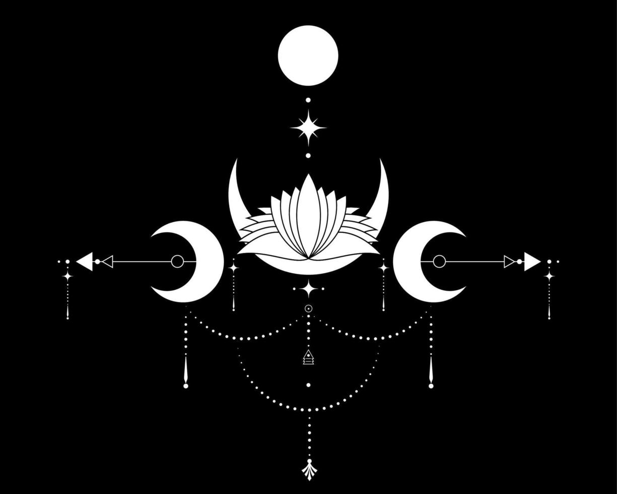 Triple Moon, Sacred Geometry, mystical arrows and crescent moon, Sacral Lotus Flower, dotted lines in boho style, wiccan icon, alchemy esoteric mystical magic sign. vector isolated on black background