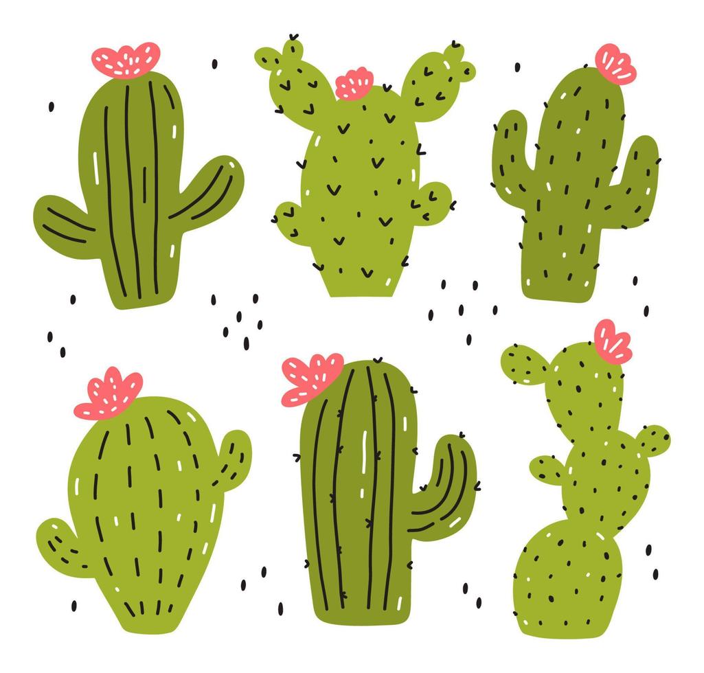 Set of cute cacti isolated on white background. Vector illustration in hand-drawn flat style. Perfect for cards, logo, decorations, various designs. Botanical clipart.