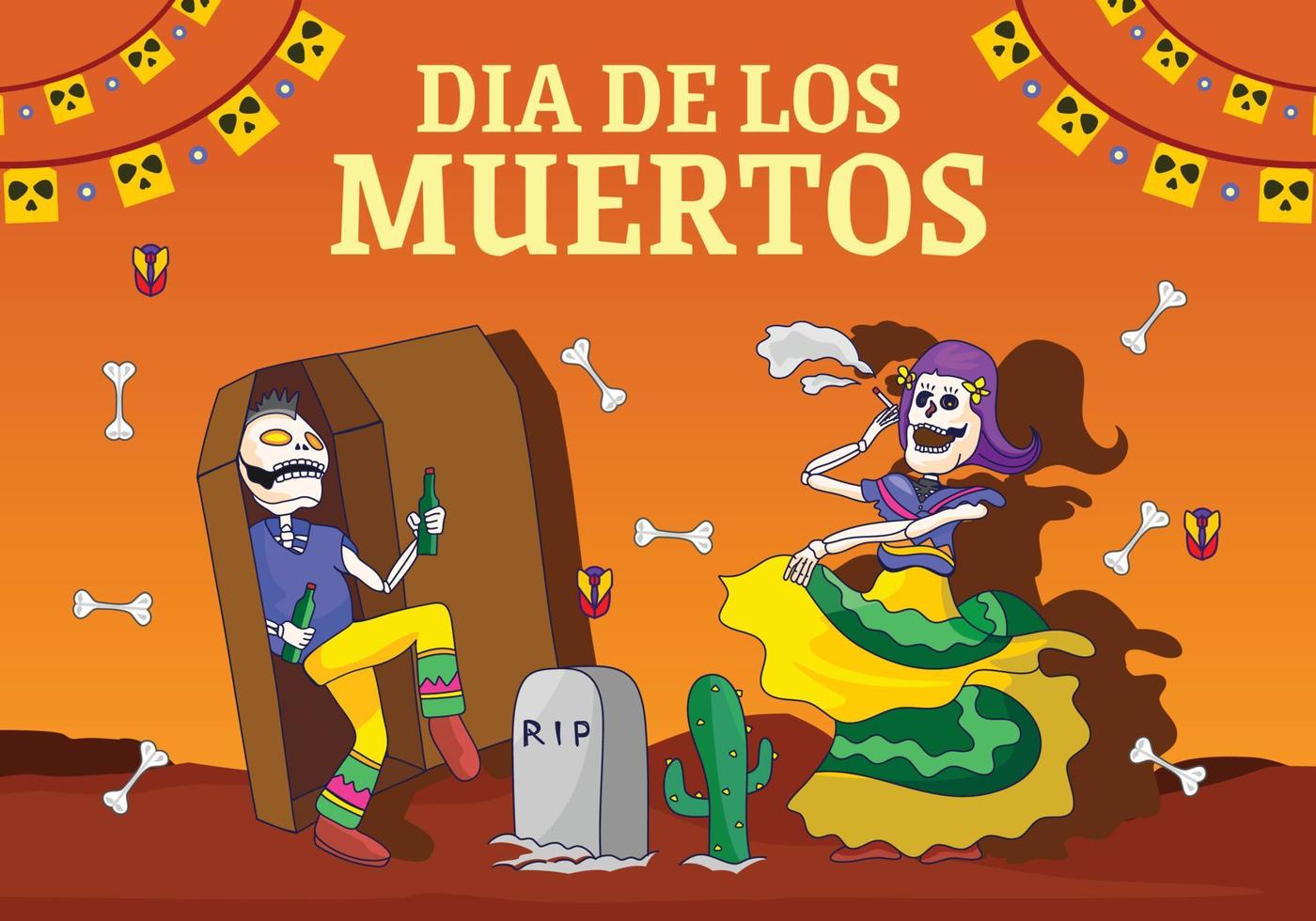 Dia de muertos festival realistic background design with dancing and partying action. premium vector. vector