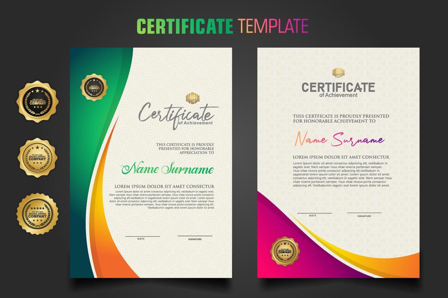 Modern certificate template with dynamic colorful waving shape on  ornament  pattern background vector