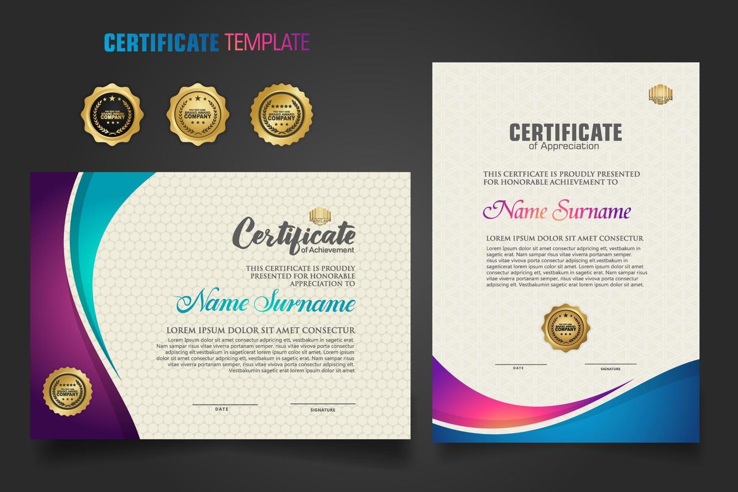 Modern certificate template with dynamic colorful waving shape on  ornament  pattern background vector