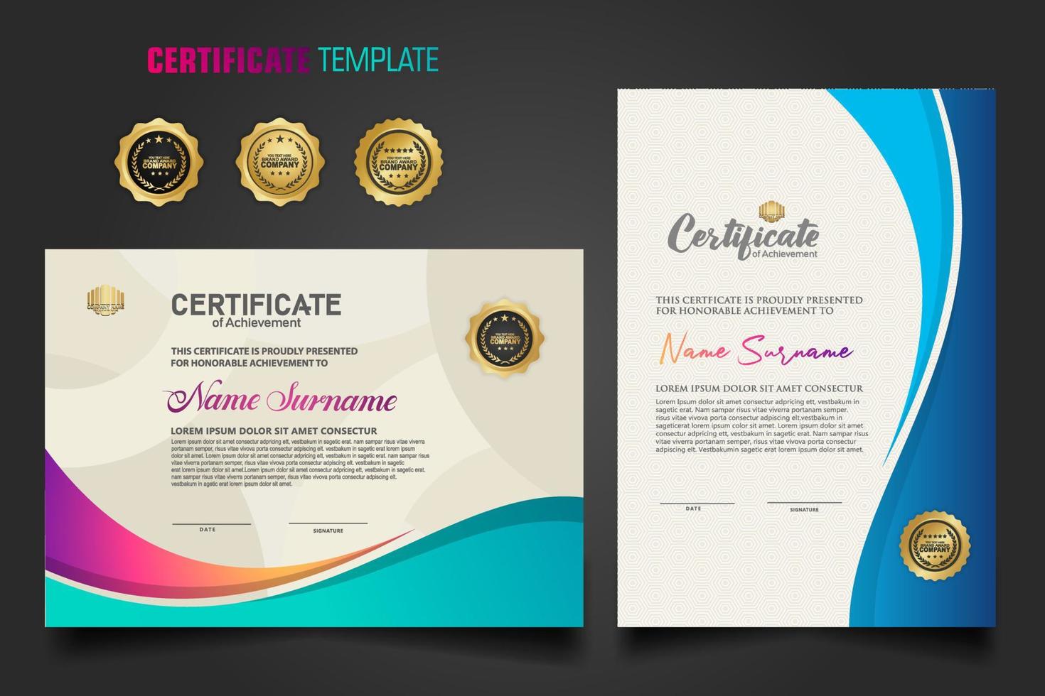 Modern certificate template with dynamic colorful waving shape on  ornament  pattern background vector