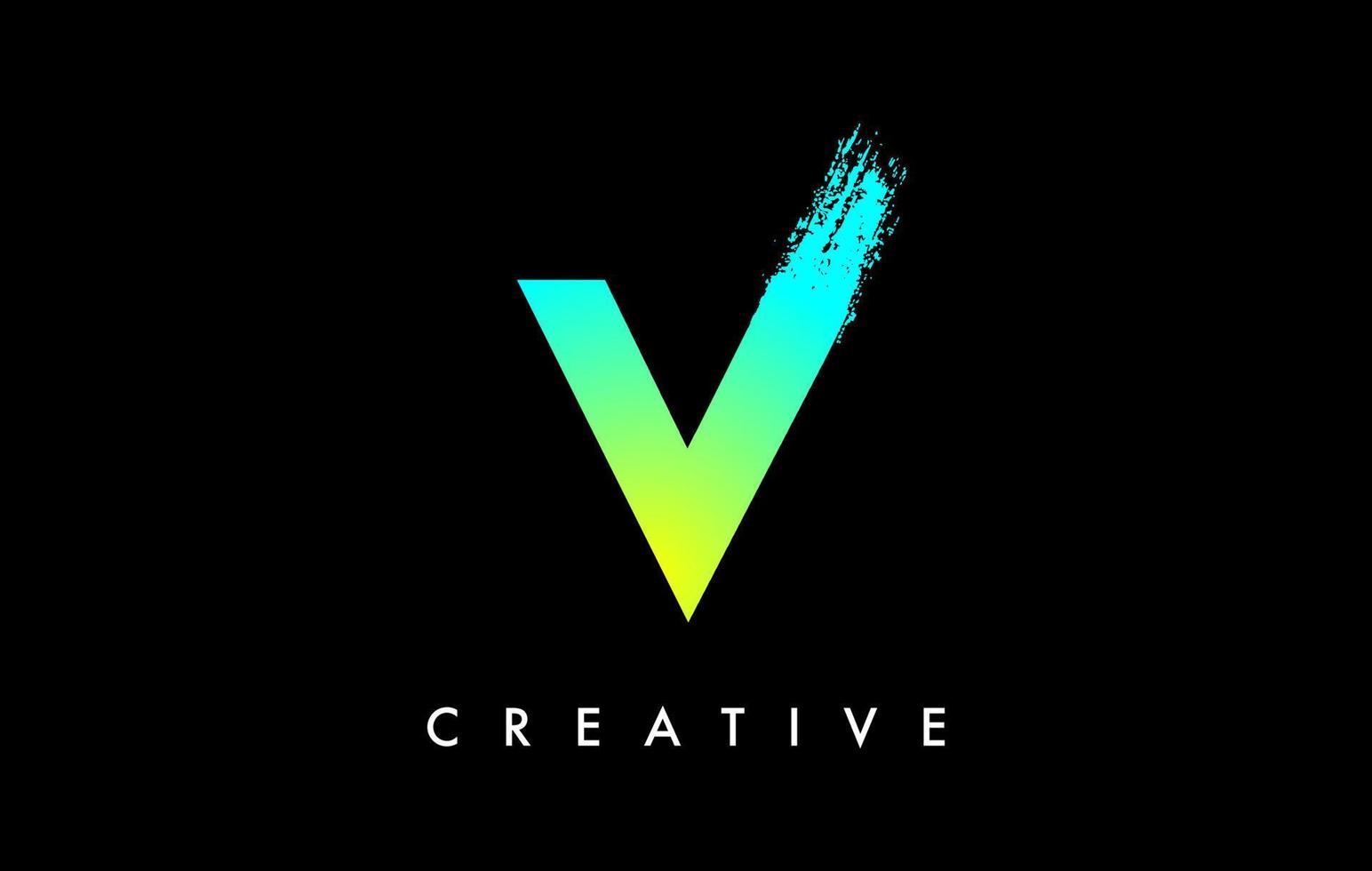 diseño de icono de logotipo de letra v con forma redondeada y final de trazo de pincel artístico y vector de color eléctrico azul verde