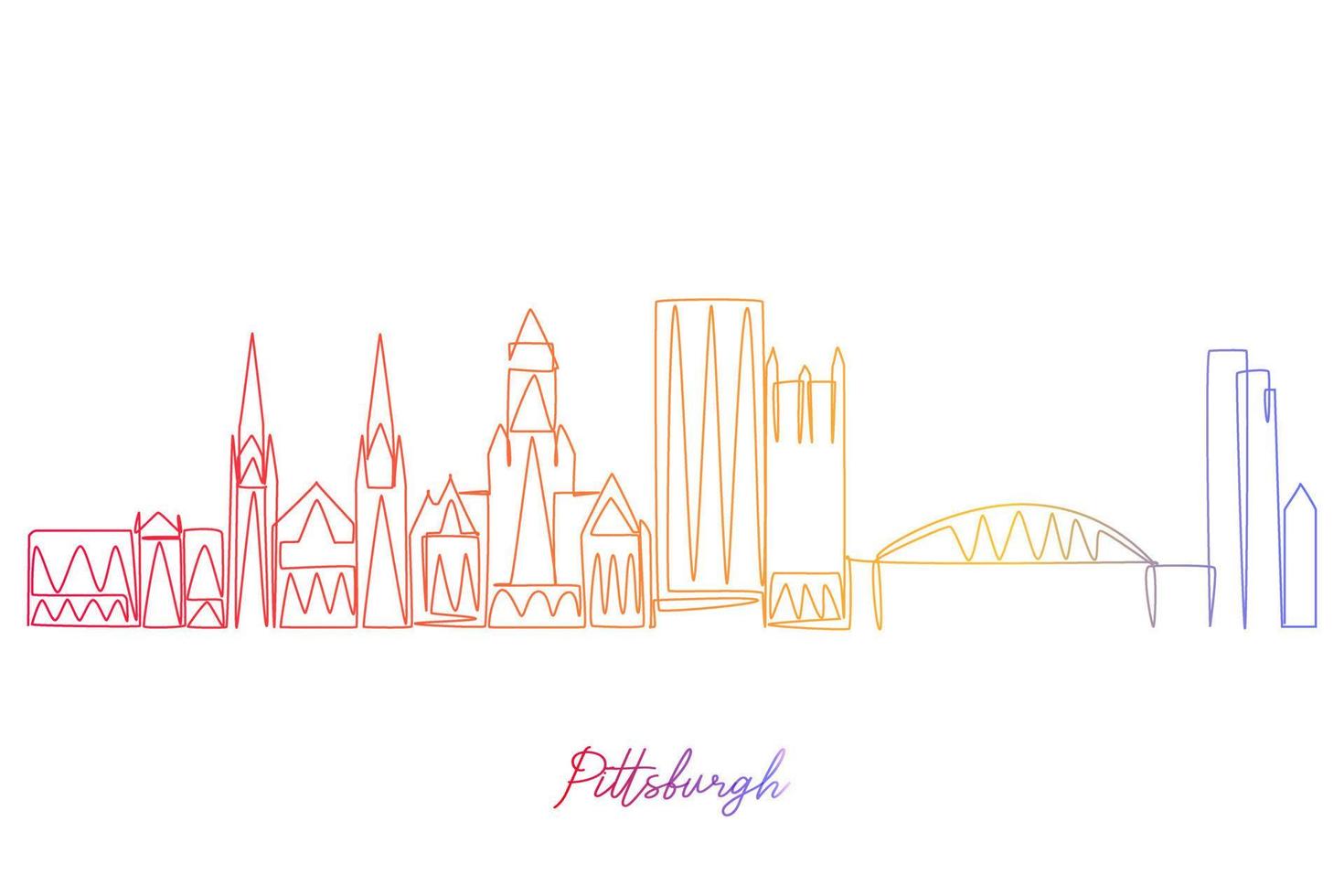 Continuous Single Line drawing of Pittsburg Pennsylvania USA. Simple gradient colored line hand drawn style design for travel and destination concept vector