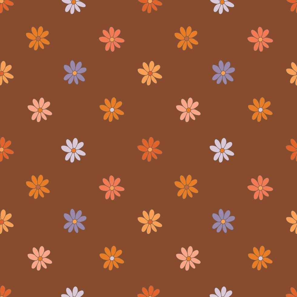 Groovy daisy flowers seamless pattern, 60s, 70s retro style. Rainbow daisies on a brown background. Pink, orange, purple and red colors. vector