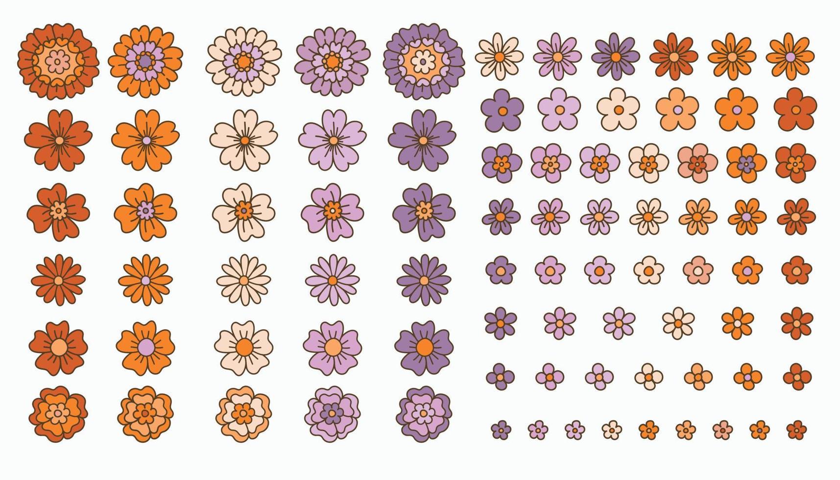 Las flores maravillosas de los años 60 y 70 establecen un elemento en la estética hippie vintage aislado en un fondo blanco. margaritas arcoíris dibujadas a mano. diseño floral en un estilo retro. vector