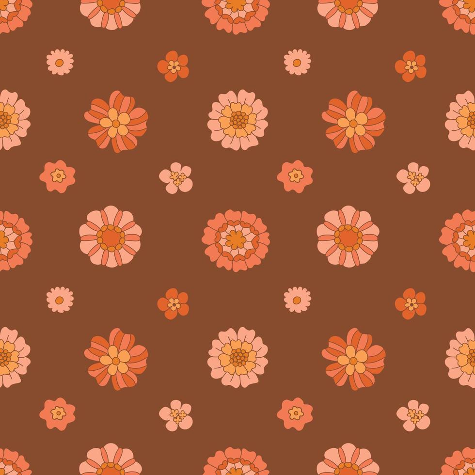 60s, 70s groovy daisy flowers seamless pattern, retro style. Pink flowers on a brown background. Vector illustration.