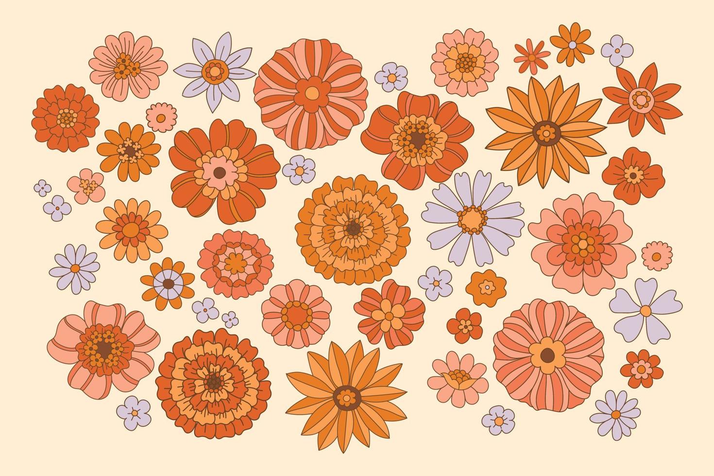 70s flowers. Hippie aesthetic vector illustration. Set of floral elements in the retro style of the 70's, 60's. Boho chic floral background. Flover power.Groovy design.