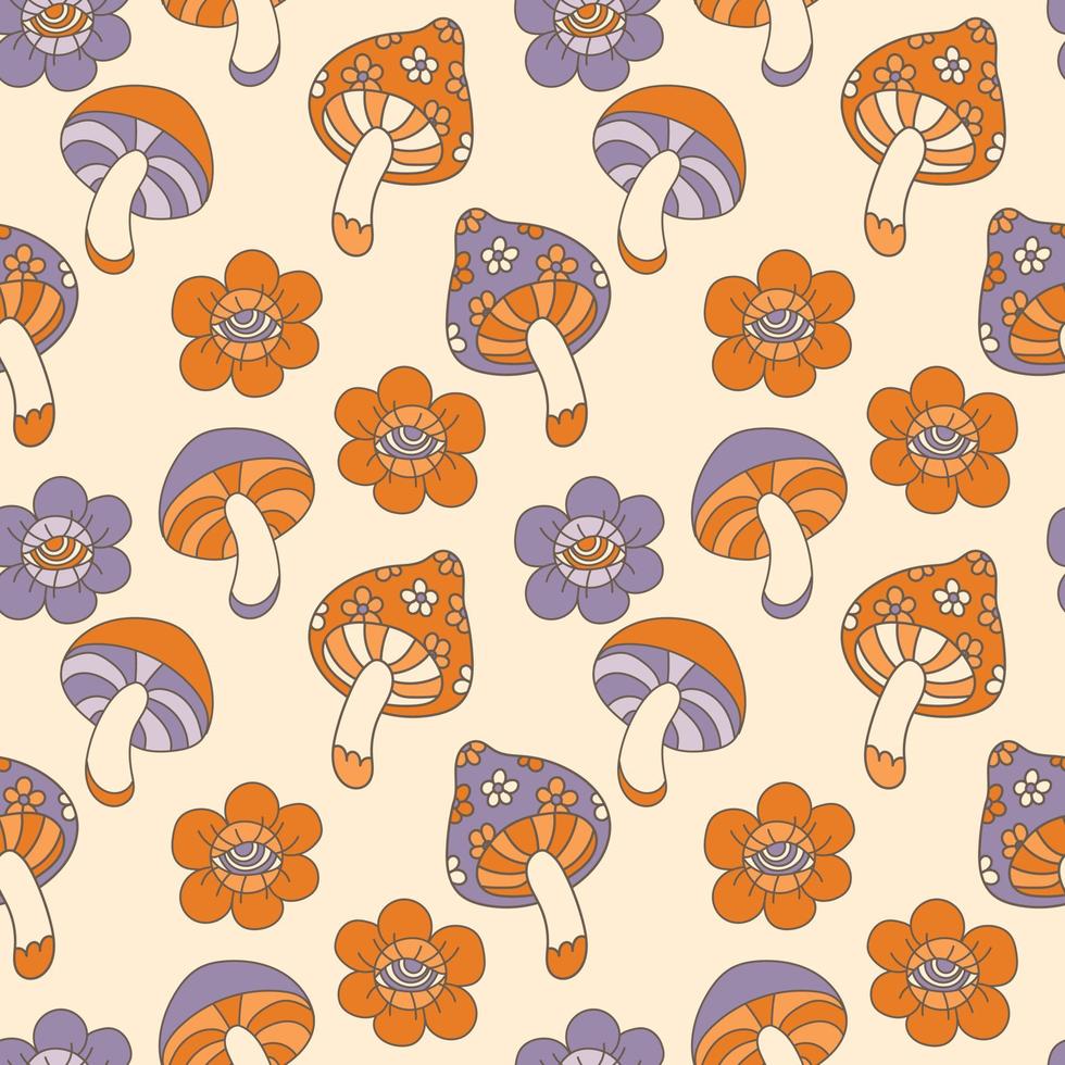 70s groovy mushroom seamless pattern, psychedelic hippie mushrooms. Daisies flowers with eyes. Retro 60s. Vector illustration. Flower Power.