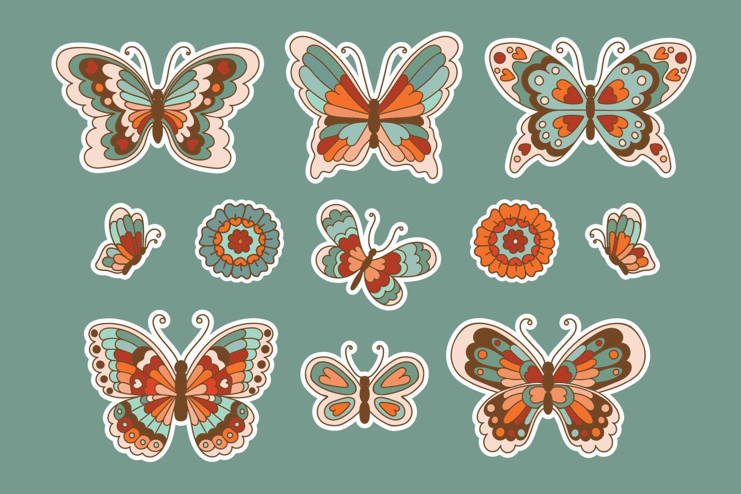 Colección de pegatinas de mariposas y flores de los años 70 en estilo vintage. conjunto de ilustraciones vectoriales de insectos aislados. vector