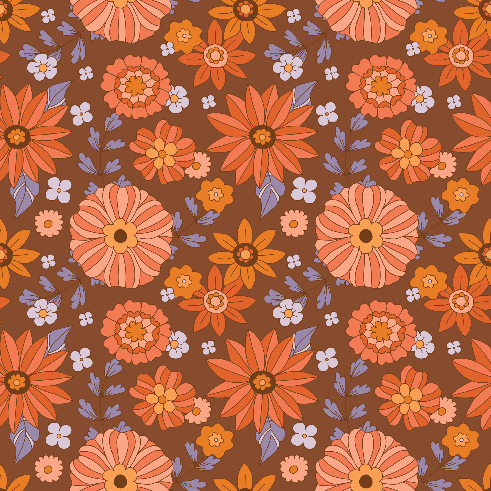 70s flowers seamless pattern. Groovy daisi flower. Hippie