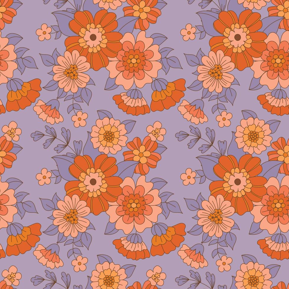 70s Groovy flower seamless pattern with a violet background and purple leaves. Boho chic. Retro style vintage fall design. Hippies floral vector art illustration.
